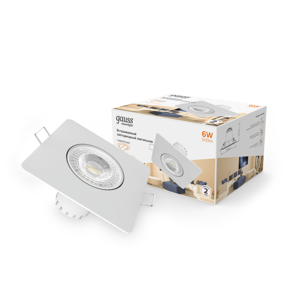Купить Gauss Светильник Downlight квадрат 6W 500lm 3000K 100-265V IP20 монтаж Ø65 90*56мм белый LED 948411106