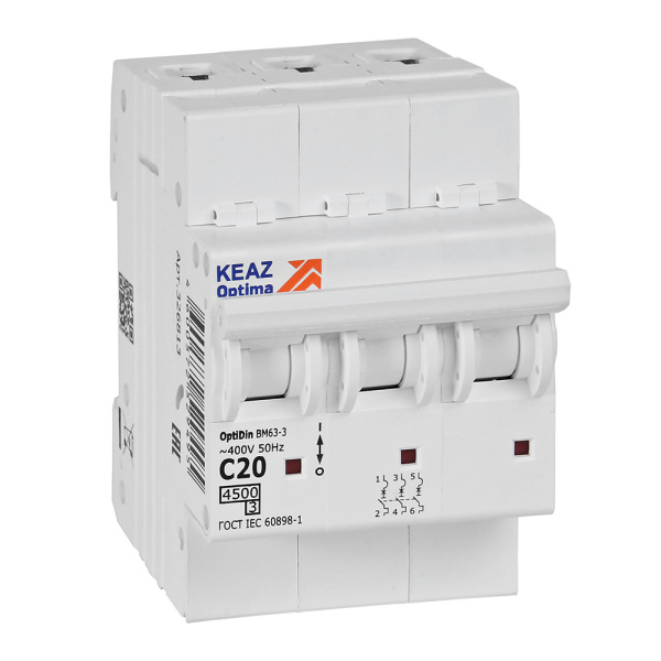 КЭАЗ OptiDin BM63 Автоматический выключатель 3P 20А C 4,5кА AC (BM63-3C20-4,5-УХЛ3) 326813