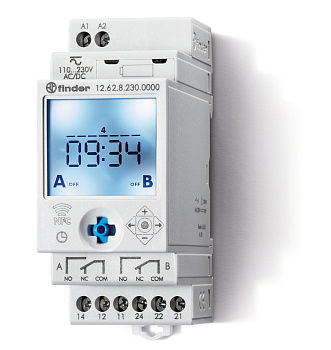 Finder Реле времени цифровое недельное; монтаж на рейку 35мм; 2СO 16A; питание 110…230B AC/DC; NFC; ширина 35мм; степень защиты IP20 126282300000
