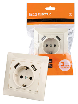TDM Розетка 2П+З 16А 250В + 2 USB порта 2,1А 5В сл.кость "Лама" SQ1815-0142