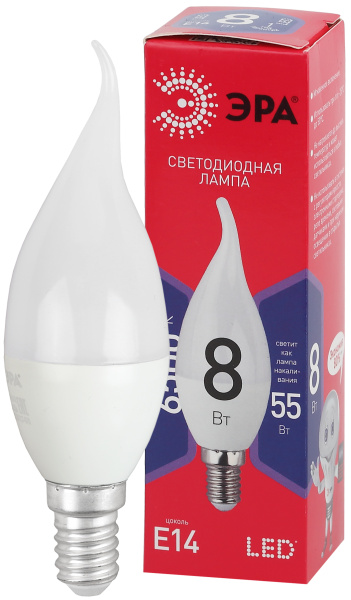 ЭРА LED BXS-8W-865-E14 R (диод, свеча на ветру, 8Вт, хол, E14)