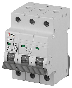 ЭРА PRO Автоматический выключатель VA63-3P63B4.5 ВА47-63 3P 63А кривая B 4,5кА