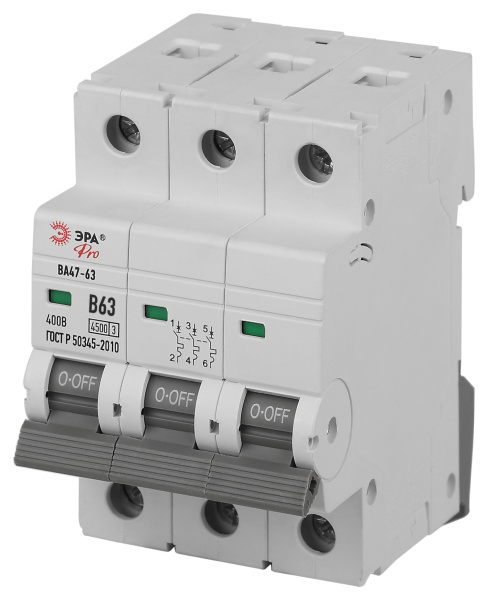 ЭРА PRO Автоматический выключатель VA63-3P63B4.5 ВА47-63 3P 63А кривая B 4,5кА