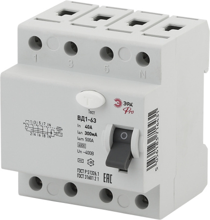 ЭРА NO-902-68 Pro Устройство защитного отключения УЗО ВД1-63 3P+N 40А 300мА