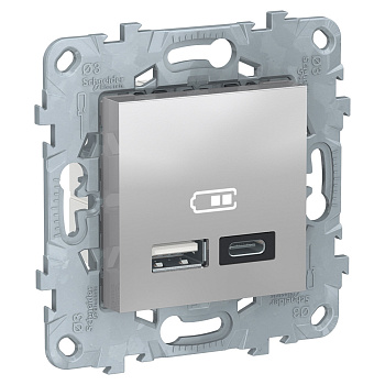 SE Unica New Алюминий Розетка USB, 2-местная, тип А+С, 5 В / 2400 мА NU501830