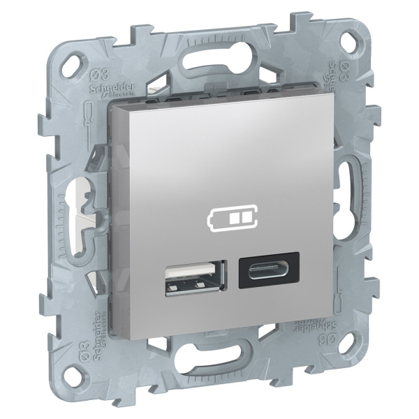 SE Unica New Алюминий Розетка USB, 2-местная, тип А+С, 5 В / 2400 мА NU501830