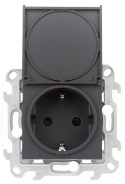 Simon 24 Графит Розетка 2К+3 Sсhuko IP44 c крышкой и защитными шторками 2450448-038