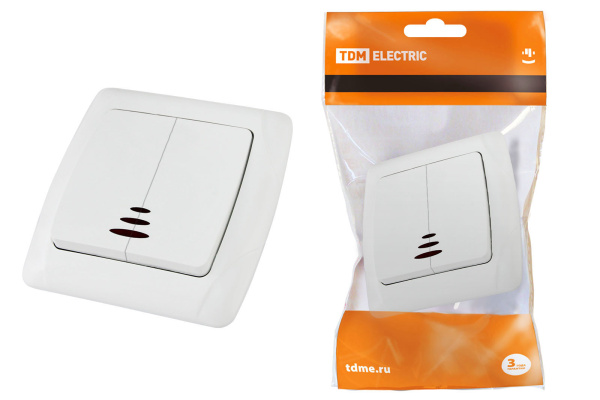 TDM Выключатель 2 кл. с подсветкой 10А белый "Онега" SQ1805-0005