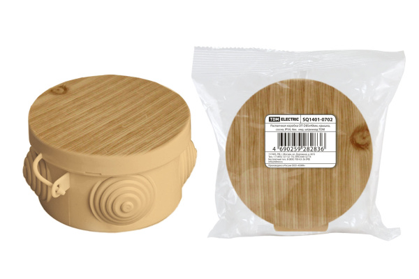 TDM Распаячная коробка ОП D85х40мм, крышка, "ЭКО" (сосна), IP54, 4вх.  инд. штрихкод SQ1401-0702