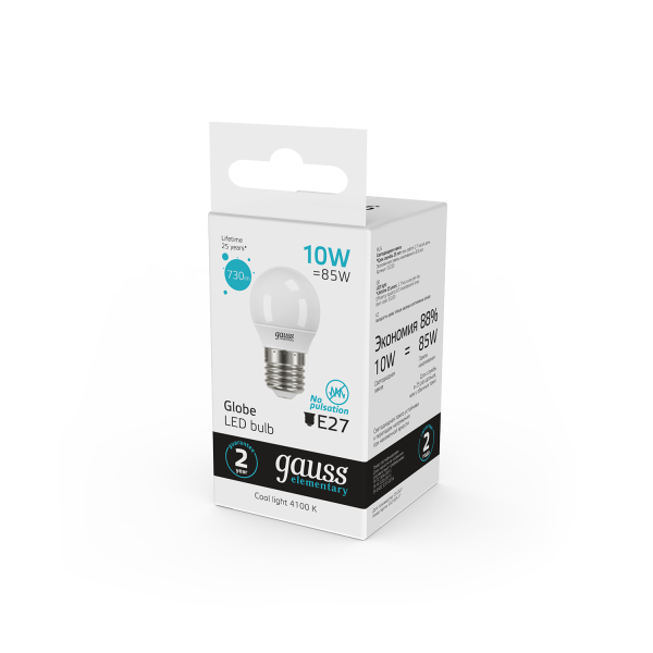 Купить Gauss Лампа Elementary Шар 10W 730lm 4100K Е27 LED 53220