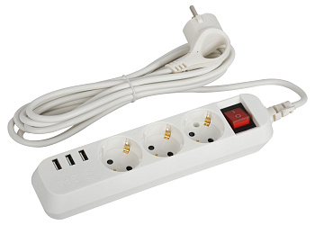 ЭРА Удлинитель электрический ЭРА U-3es-3m-USB c заземлением с выключателем 3 розетки + 3xUSBA 3м 10А