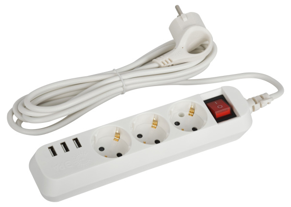 ЭРА Удлинитель электрический ЭРА U-3es-3m-USB c заземлением с выключателем 3 розетки + 3xUSBA 3м 10А