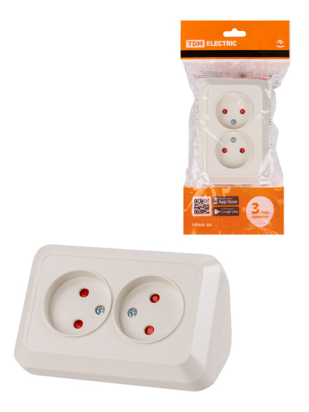 TDM Розетка угловая двойная 2П открытой установки с з/ш IP20 250В 10А сл. кость "Ладога" SQ1801-0242