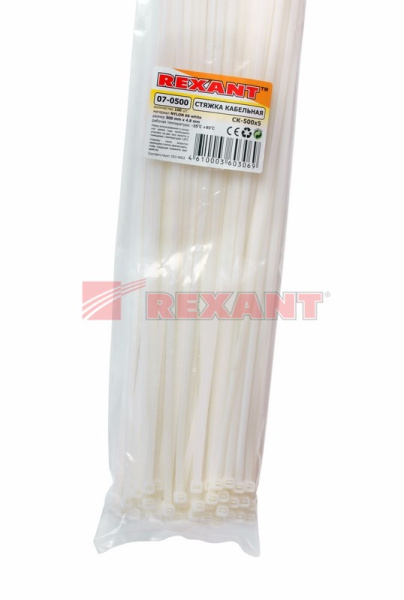 Купить Хомут nylon 500 x 4,8 мм 100 шт белый Rexant 07-0500