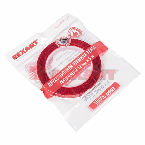 Купить Двухсторонний скотч прозрачный 100% акрил, защитная пленка красного цвета 12мм 5м Rexant 09-6512
