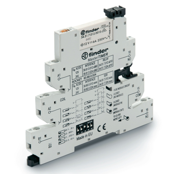Finder Интерфейсный модуль сборка 34.51.7.012.0010 + 93.68.0.024, электромеханическое реле с таймером, серия MasterTimer, 1CO 6A; контакты AgNi; питан 398100120060