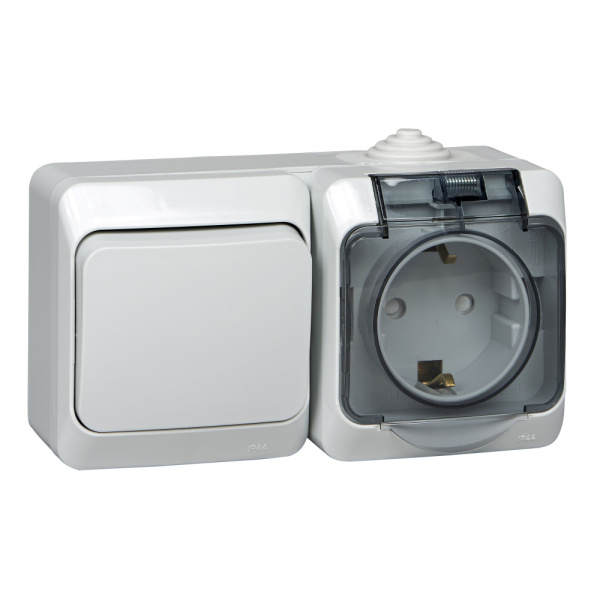Systeme Electric Этюд наруж Серый Блок Переключатель 1-клавишный + розетка с/з со шторками IP44