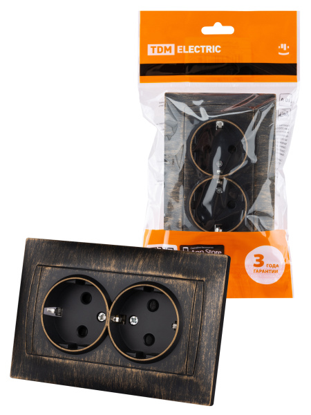 TDM Розетка двойная 2П+З 16А 250В с защ. шт. старинная бронза "Лама" SQ1815-0754