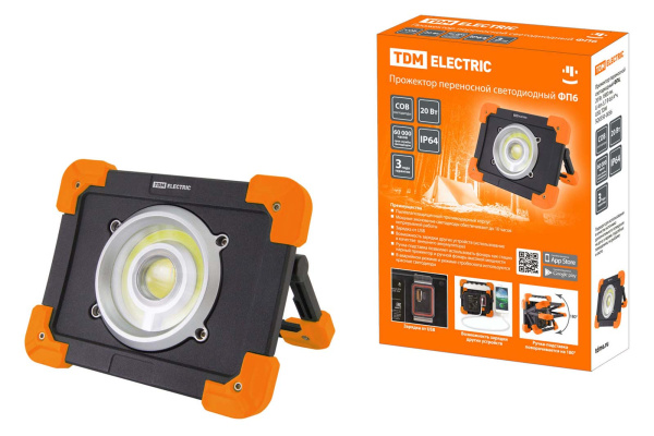 TDM Прожектор переносной светодиодный ФП6, 20 Вт, 1800 лм, Li-Ion 3,7 B 6,6 A*ч, USB, SQ0350-0056