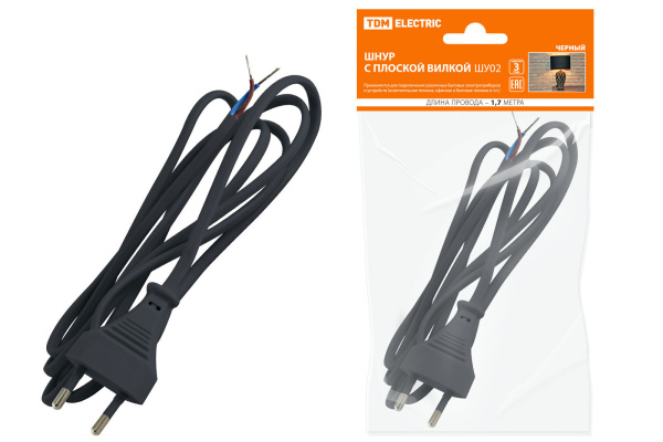 TDM Шнур с плоской вилкой ШУ02 ШВВП 2х0,75мм2 1,7 м. черный SQ1305-0012