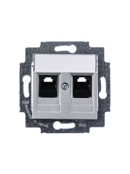 Купить ABB EPJ Levit серебро / дымчатый чёрный Розетка компьютерная, 2хRJ45 кат,5e, серебро 2CHH295118A6070