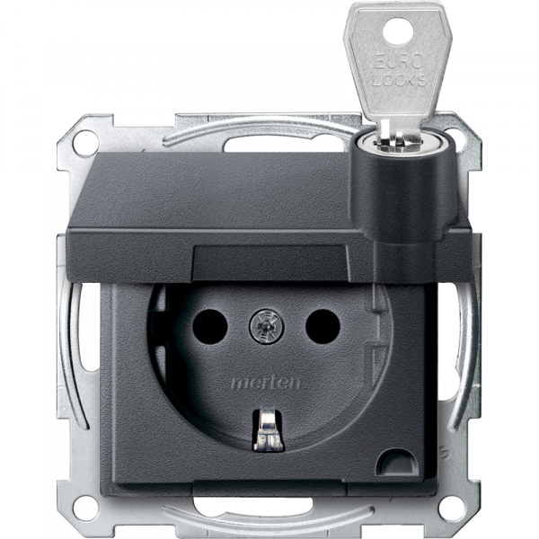 SE Merten SM Антрацит Розетка Schuko с крышкой запирающейся на замок, с защитными шторками, безвинт. зажим MTN2315-0414