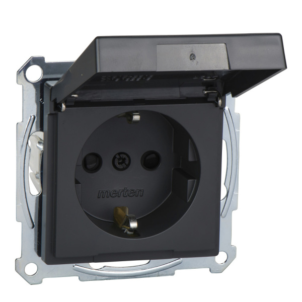 Купить SE Merten SM Антрацит Розетка с/з с защитными шторками с крышкой,с упл.кольц, IP44, безвинт. зажим MTN2314-0414