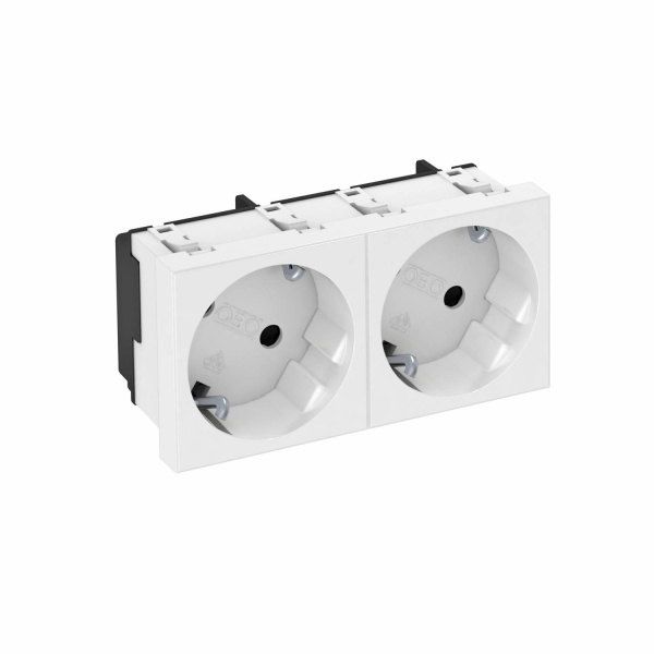 OBO Bettermann Розетка силовая 33° двойная 2х2К+З, 2 модуля Modul45, 45х90 мм, со шторками 16А 250В белая 6120102