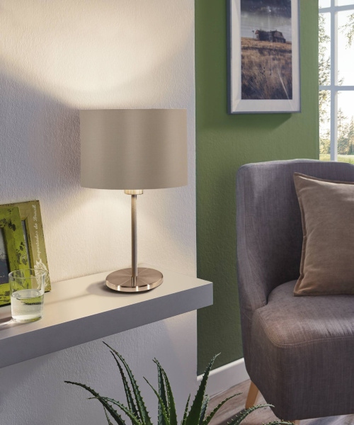 Купить Eglo 31629 Настольная лампа MASERLO, 1х60W (E27), Ø230, H420, никель матовый/текстиль, серо-коричневый, з