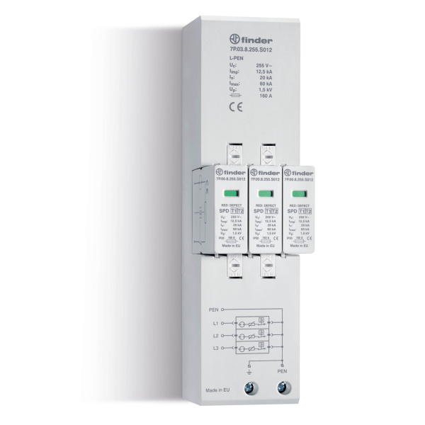 Finder Устройство защиты от импульсных перенапряжений УЗИП тип 1+2 (3 варистор/искровый разрядник); (255В АС) 7P038255S012