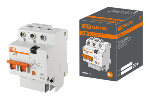 TDM Диф.автомат АД-2 2Р, C25, 30мА, 4,5кА, тип АС, SQ0221-0002