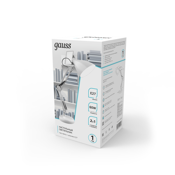 Купить Gauss Светильник настольный модель GTL003 60W 220-240V E27 белый струбцина и основание 1/12 GT0031