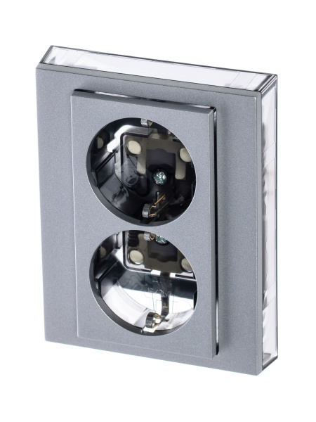 ABB EPJ Levit серебро / дымчатый чёрный Розетка двойная с заземл, со шторками 2CHH223457C6070