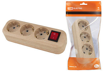 TDM Колодка розеточная 3 гнезда 2П+3 с выключателем16А 250В "Эко" (сосна) SQ1806-0049