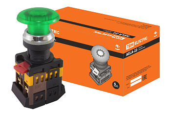 TDM Кнопка AELA-22 "Грибок" зеленый d22мм неон/230В 1з+1р SQ0704-0014