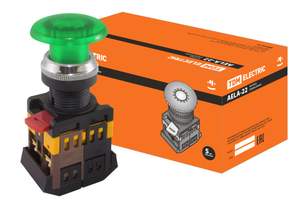 TDM Кнопка AELA-22 "Грибок" зеленый d22мм неон/230В 1з+1р SQ0704-0014