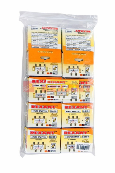 Купить Делитель ТВ х 4 + 5шт. F "BOX" 5-1000 МГц "GOLD" Rexant 05-6103-1