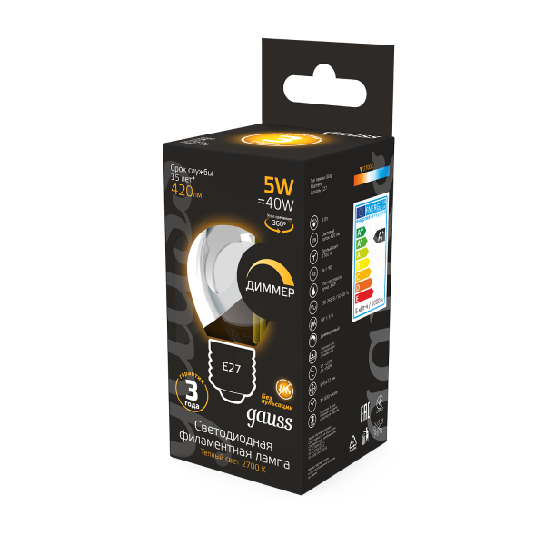 Купить Gauss Лампа Filament Шар 5W 420lm 2700К Е27 диммируемая LED 105802105-D