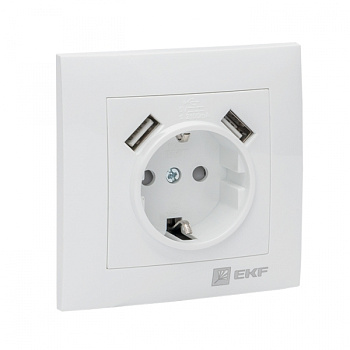 EKF PROxima Валенсия розетка 1-местная с/з 16А белая с защ. штор. с 2 USB 2,1А