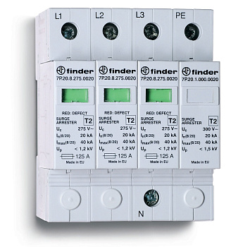 Finder Устройство защиты от импульсных перенапряжений УЗИП тип 2 (3 варистора + 1 искровый разрядник); модульный, ширина 70мм; степень защиты IP20 7P2482751020