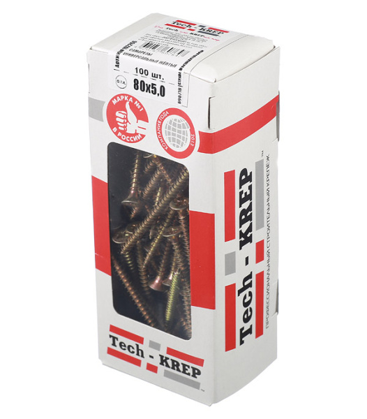 Tech-Krep Саморезы универсальные  80х5,0 мм (100 шт) желтые - коробка с ок. 102266