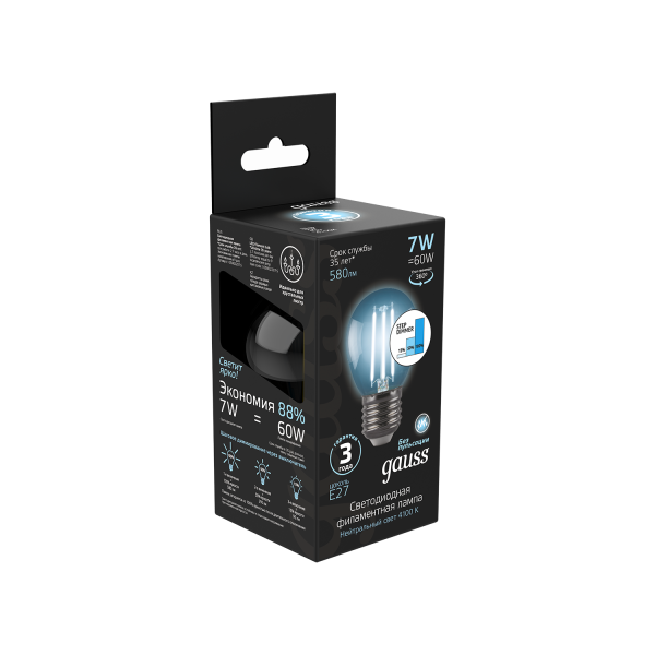 Купить Gauss Лампа Filament Шар 7W 580lm 4100К Е27 шаг. диммирование LED 105802207-S