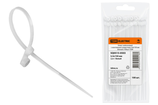 TDM Хомут нейлоновый с монтажным отверстием 3,6х150 мм (белый) (100шт) SQ0515-0503