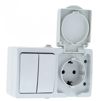 EKF PROxima Блок розетка-выкл. 2-кл. 16А с/з с крышкой IP54 бел. с защ. штор. Венеция EVRV16-052-10-540