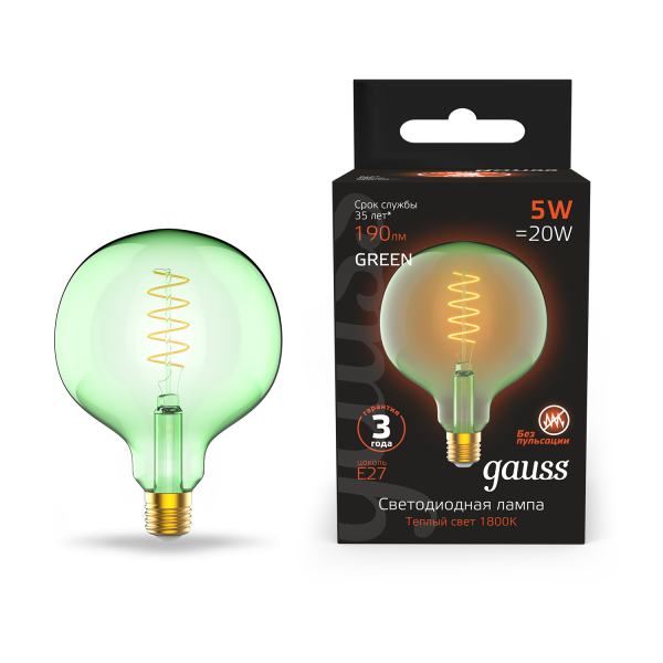 Купить Gauss Лампа Filament G125 5W 190lm 1800К Е27 green flexible LED 1012802105