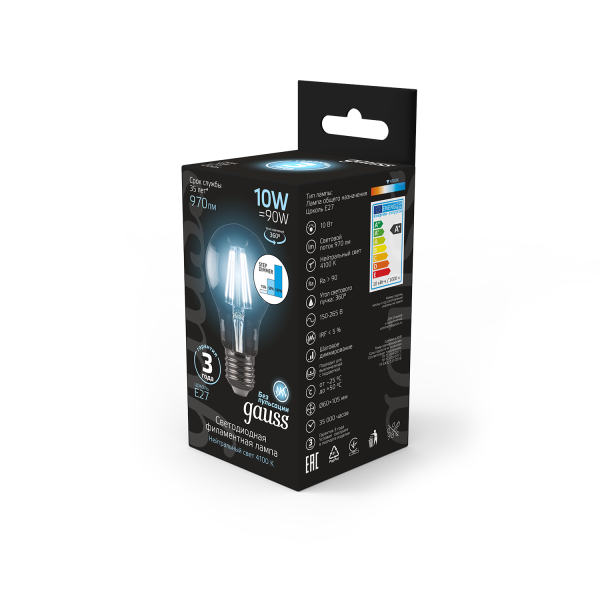 Купить Gauss Лампа Filament А60 10W 970lm 4100К Е27 шаг. диммирование LED 102802210-S