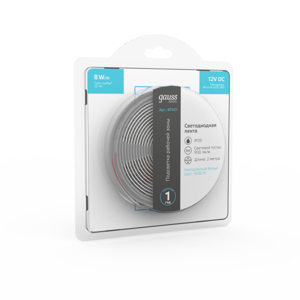 Купить Gauss Лента Basic 12V 8W/m 900lm/m 4000K IP20 LED 2m 1/100 BT021