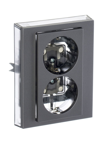 Купить ABB EPJ Levit сталь / дымчатый чёрный Розетка двойная с заземл, со шторками 2CHH223457C6069