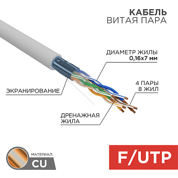 Кабель FTP 4PR 24AWG CAT5e 305м STRANDED Rexant 01-0145