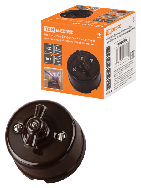 TDM Выключатель фарфоровый поворотный 2-кл. с ручкой (бантик) 10А коричневый «Болонь» SQ1820-0413